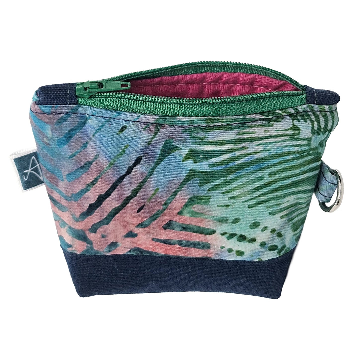 Deep Blue Tropical Leaf Pattern Handmade Mini D-Ring Zipper Pouch