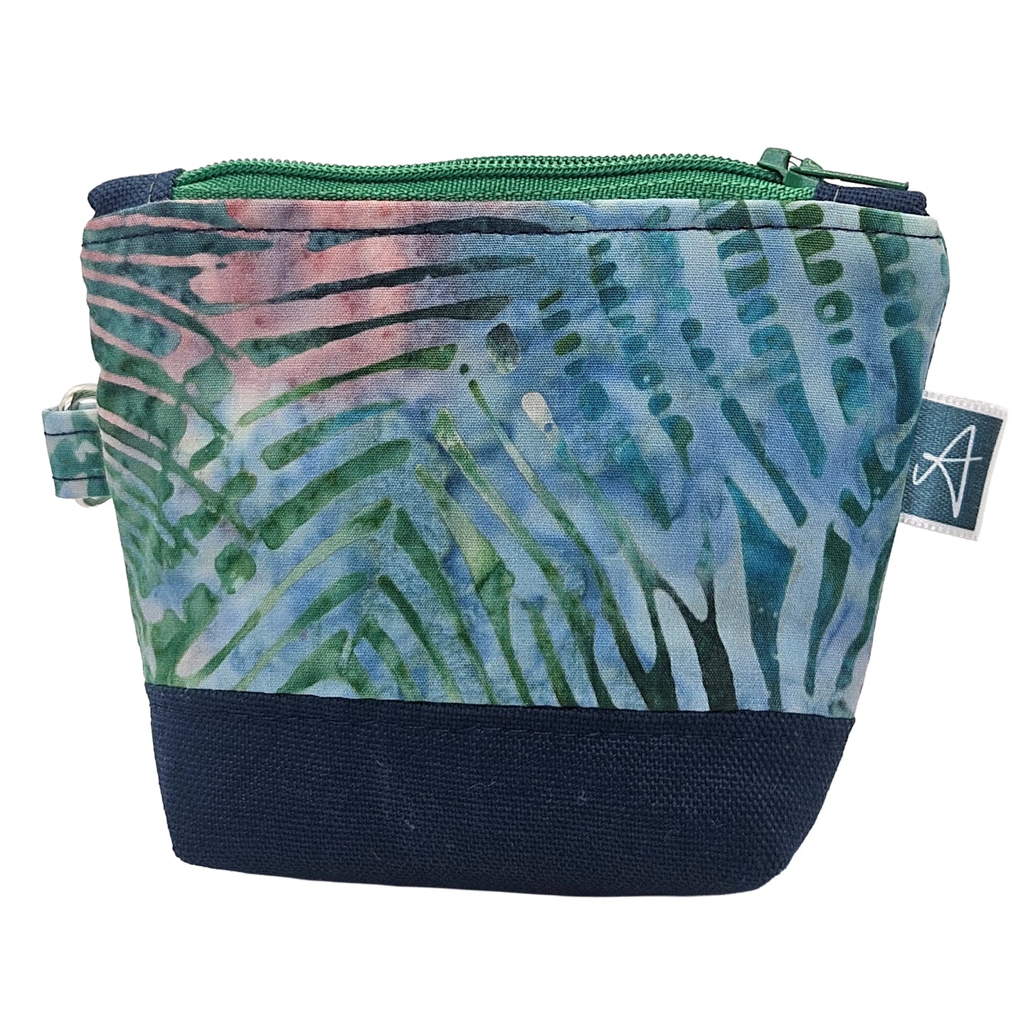 Deep Blue Tropical Leaf Pattern Handmade Mini D-Ring Zipper Pouch