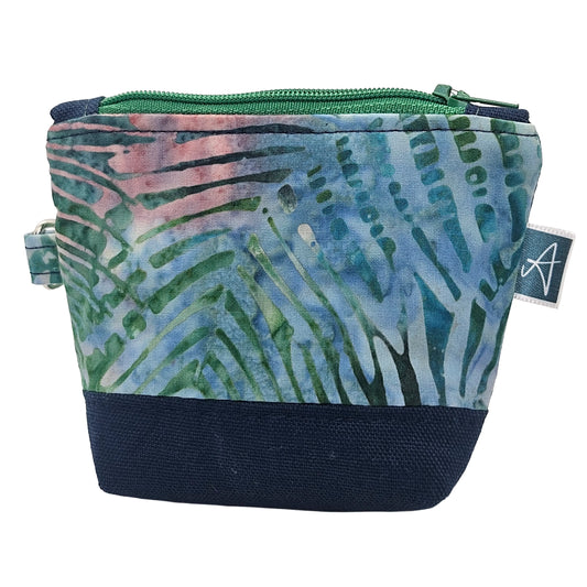 Deep Blue Tropical Leaf Pattern Handmade Mini D-Ring Zipper Pouch