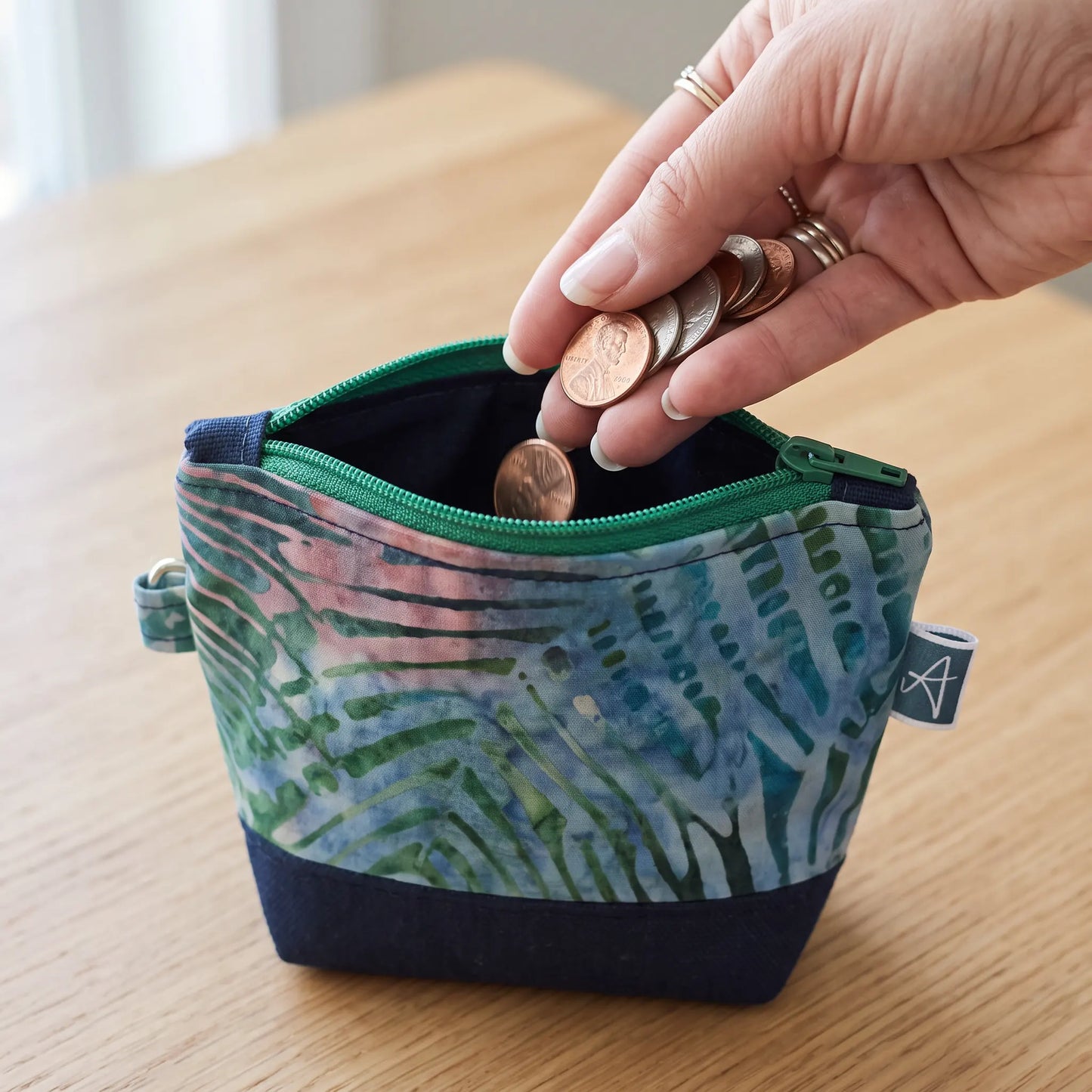 Dark Blue Tropical Palm Leaf Zipper Coin Pouch