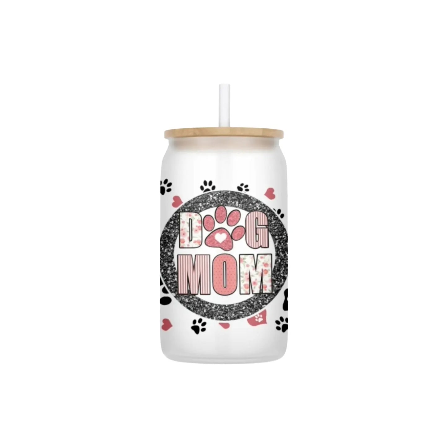 Dog Mom Printed Faux Glitter 16oz Frosted Glass Can Set