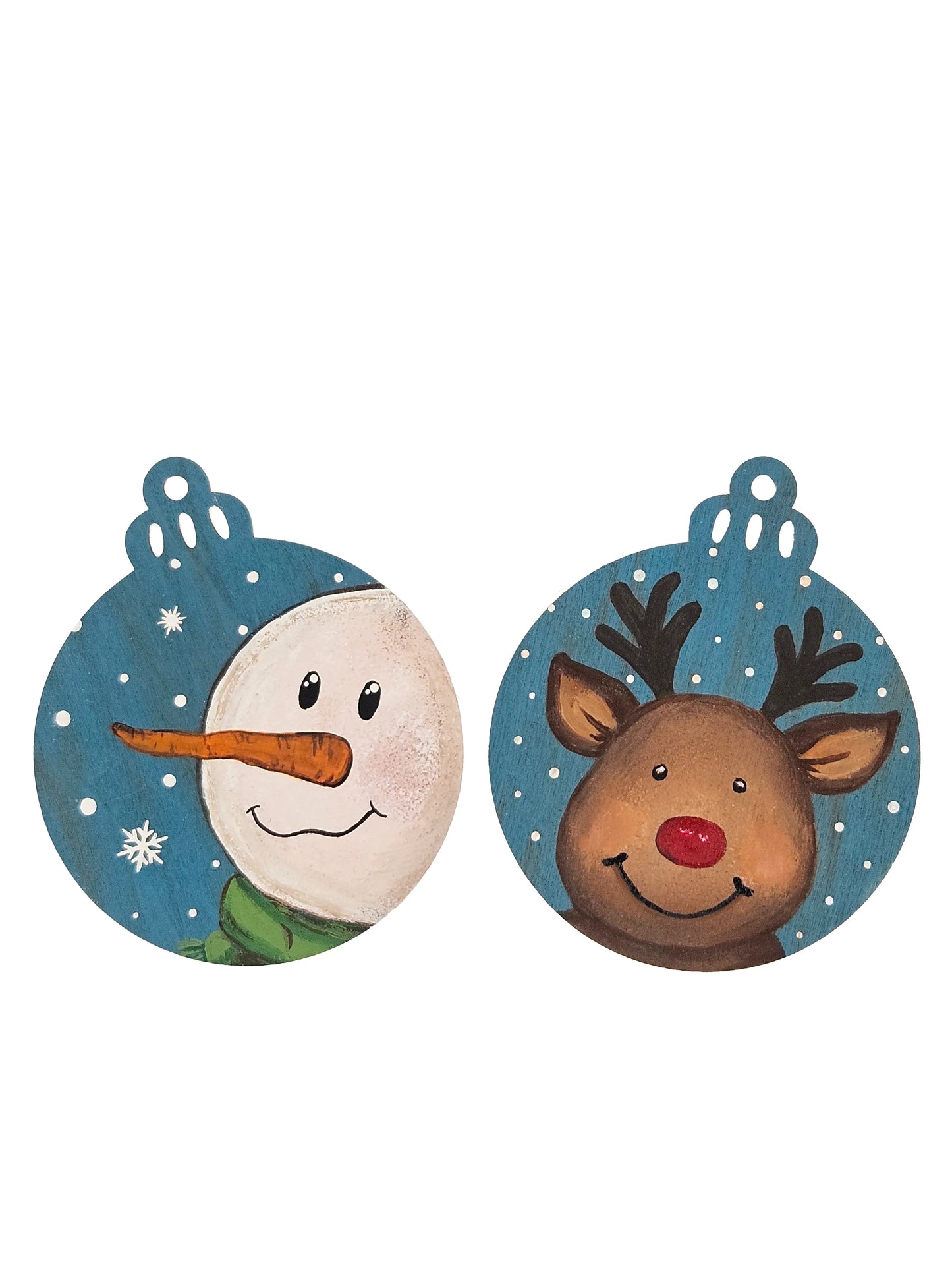 Two Piece Reindeer and Snowman Handpainted Wooden Christmas Ornament Set