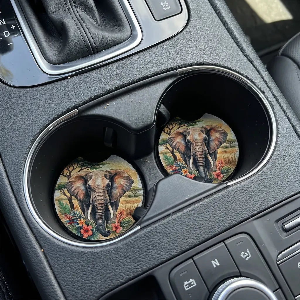 Elephant Hibiscus 2 Pack Neoprene Car Coaster Set