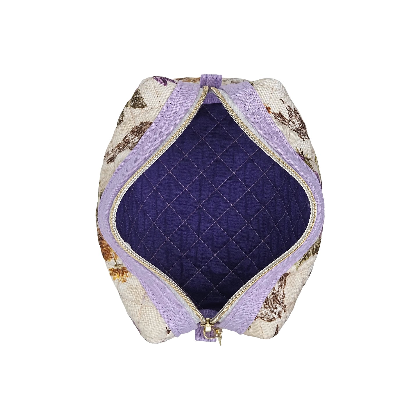 Purple Floral Finch Birds Quilted Pattern Mini Zipper Box Pouch