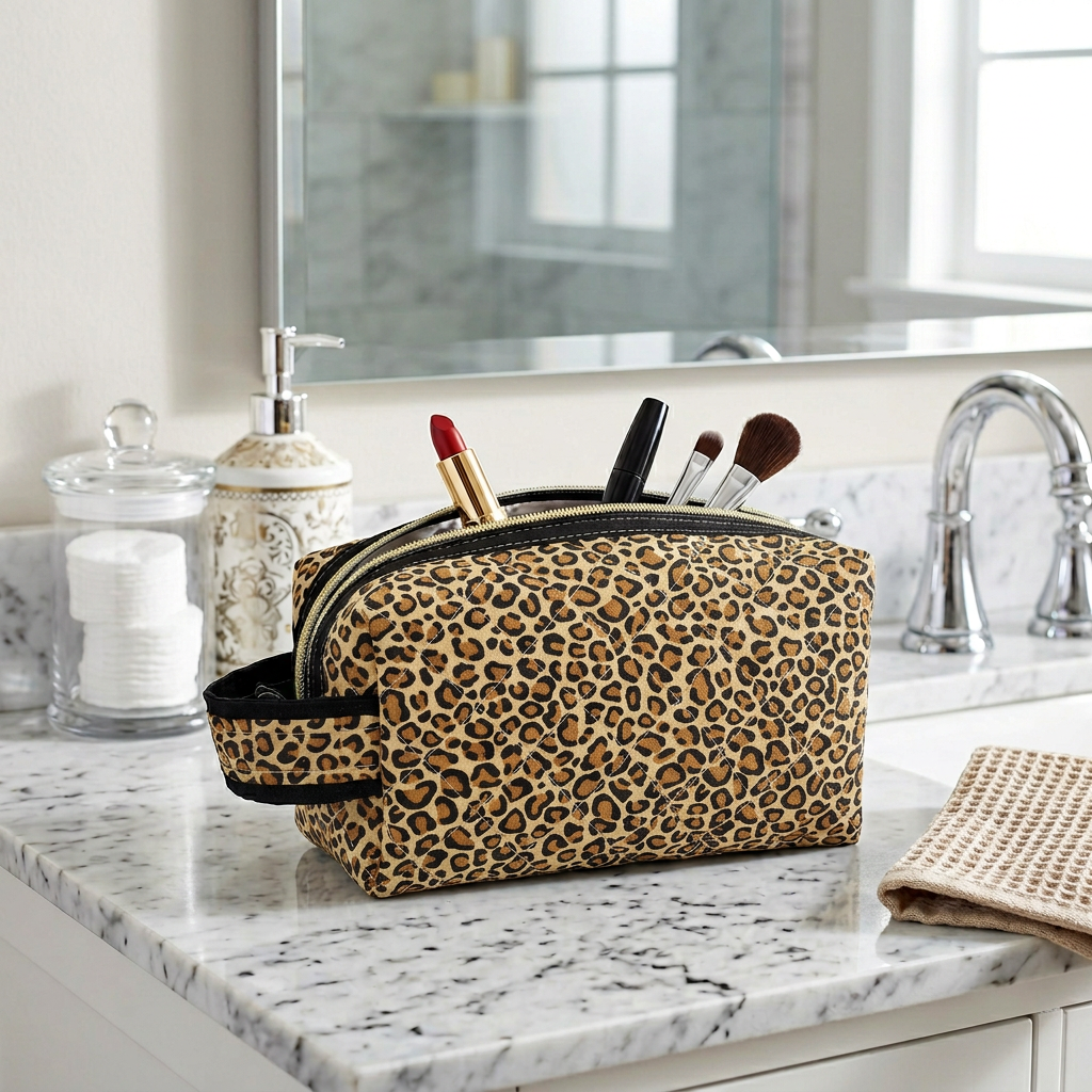 Leopard Pattern Black Accented Quilted Pattern Zipper Box Pouch