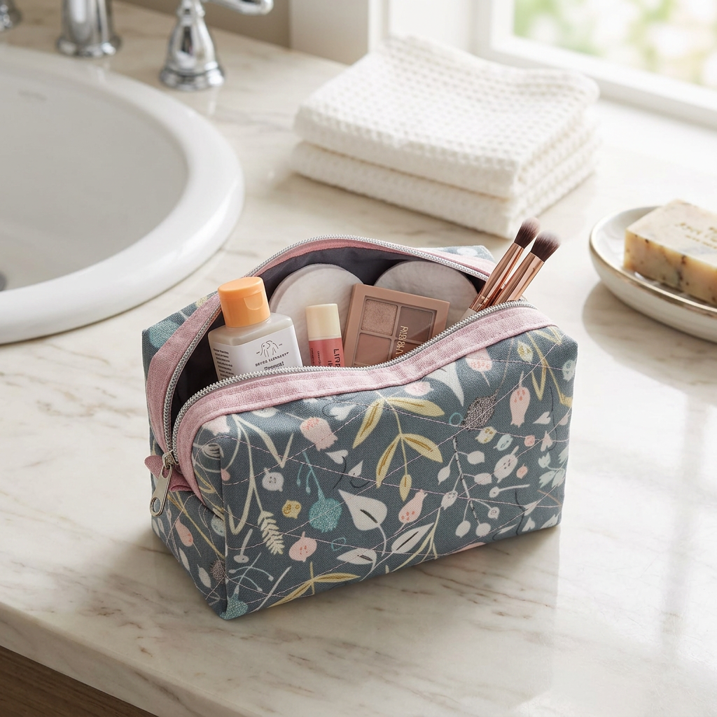 Teal Floral Pink Accented Quilted Pattern Mini Zipper Box Pouch