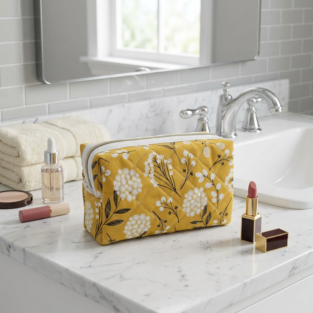 Mustard Yellow Floral Pattern Handmade Mini Quilted Zipper Box Pouch
