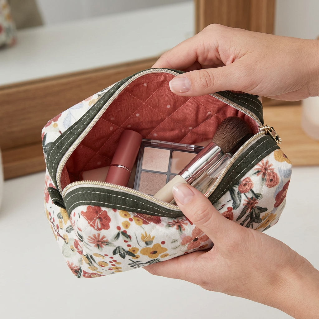 Burnt Red Floral Sage Green Accented Quilted Pattern Mini Zipper Box Pouch