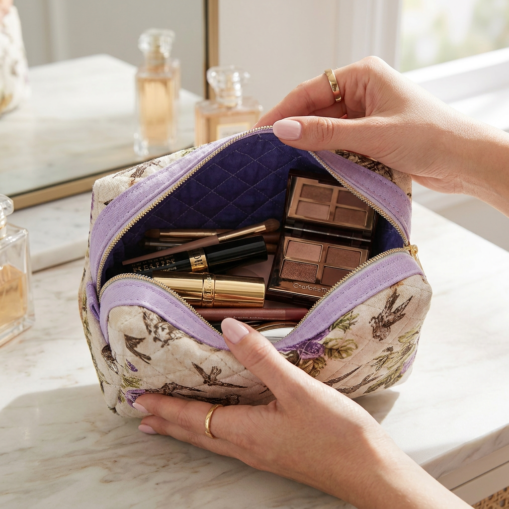 Purple Floral Finch Birds Quilted Pattern Mini Zipper Box Pouch