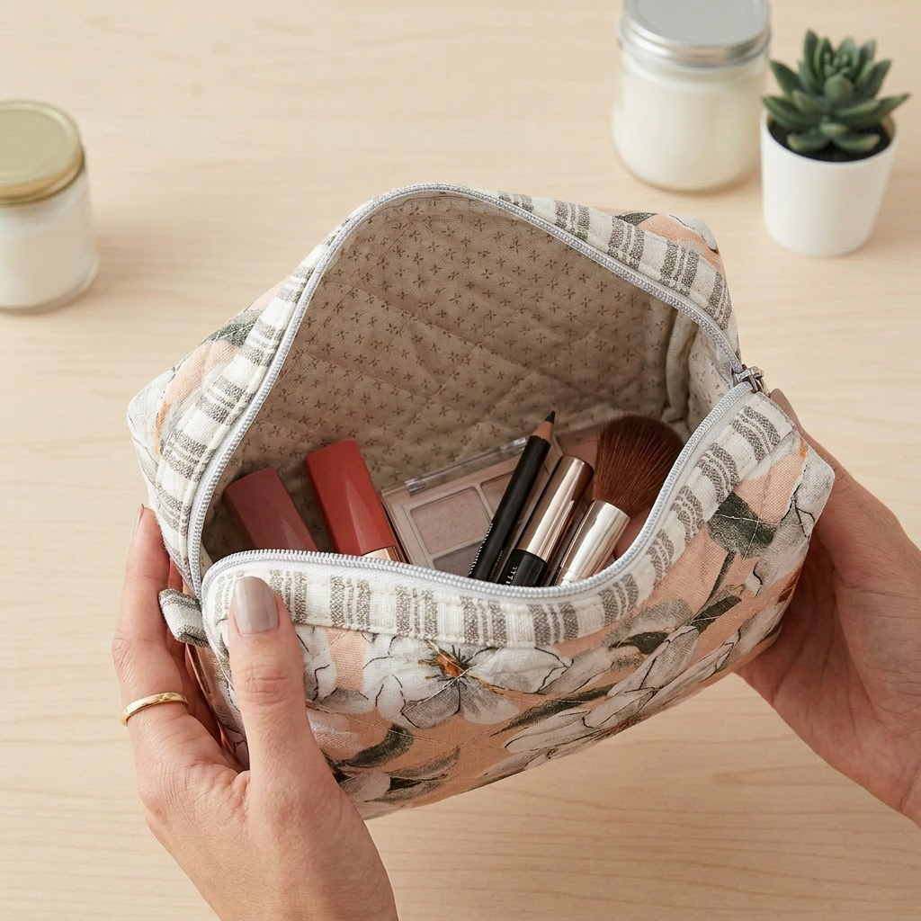 Peach White Magnolia Flower Striped Accent Quilted Pattern Mini Zipper Box Pouch