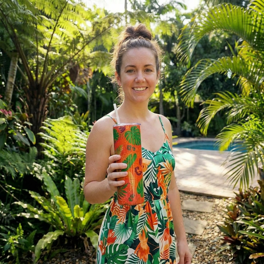 30 oz Coral Tropical Double Glitter Monstera & Palms Peekaboo Epoxy Tumbler