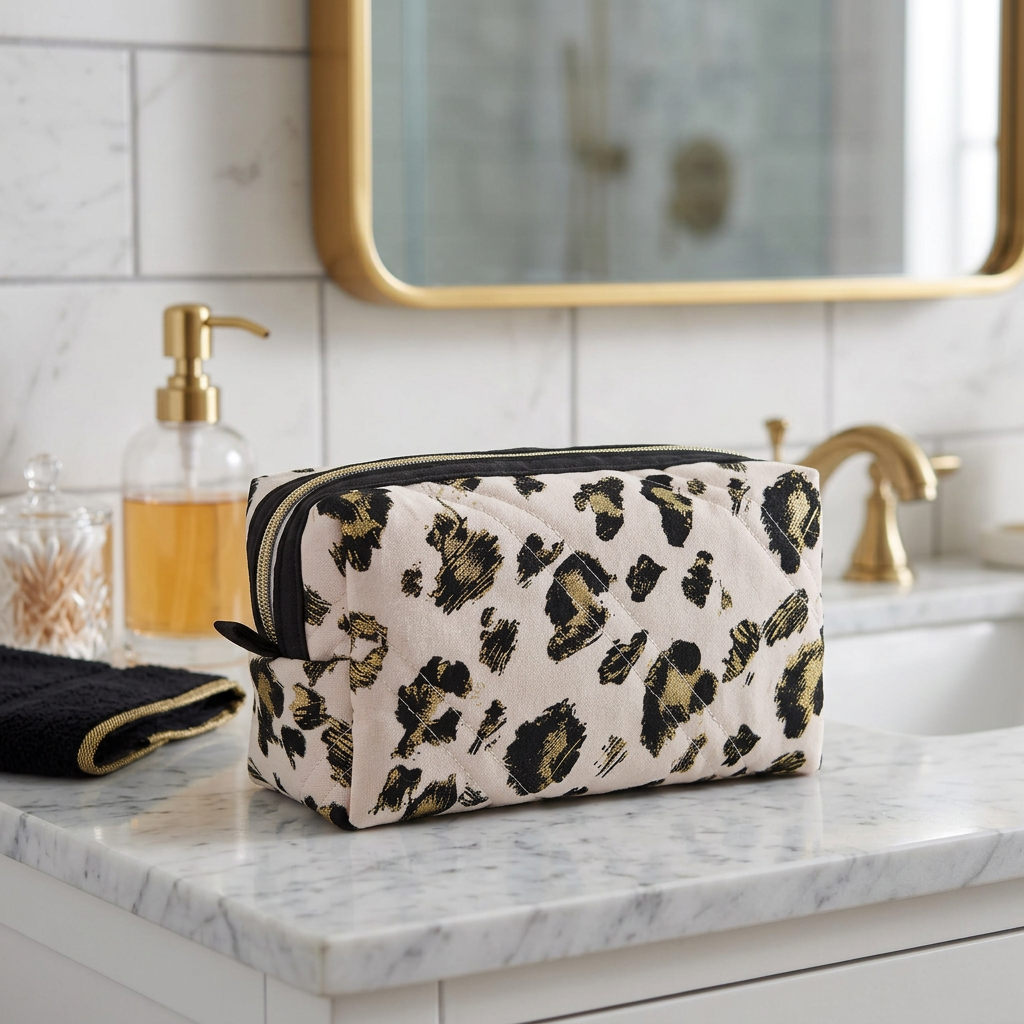 Light Pink Gold Leopard Pattern Black Accented Quilted Pattern Mini Zipper Box Pouch