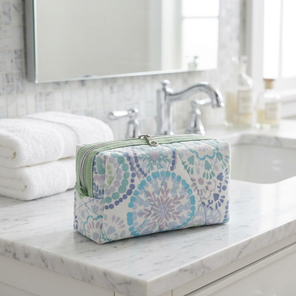 Glacier Geometric Wheel Print Pastel Green Accented Quilted Pattern Mini Zipper Box Pouch