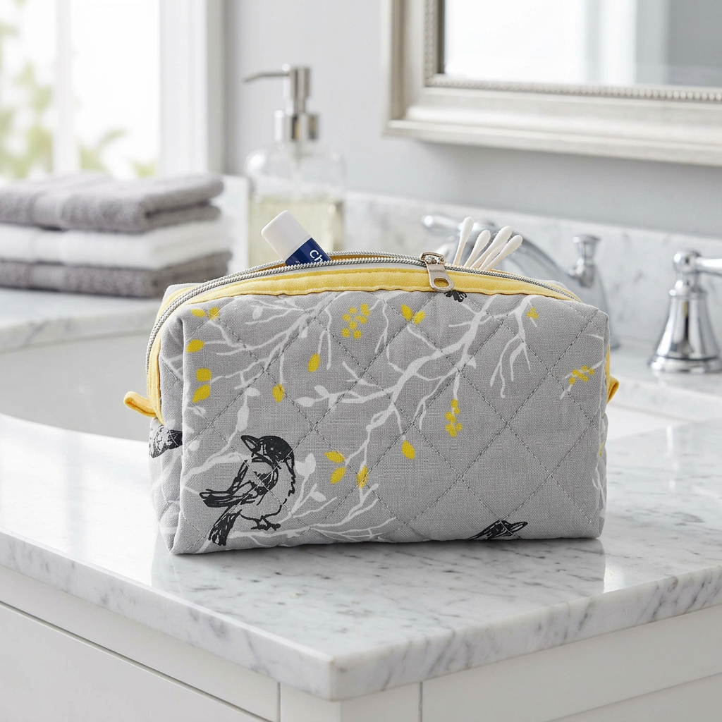 Grey Branch Sparrow Bird Pattern Yellow Accented Quilted Pattern Mini Zipper Box Pouch
