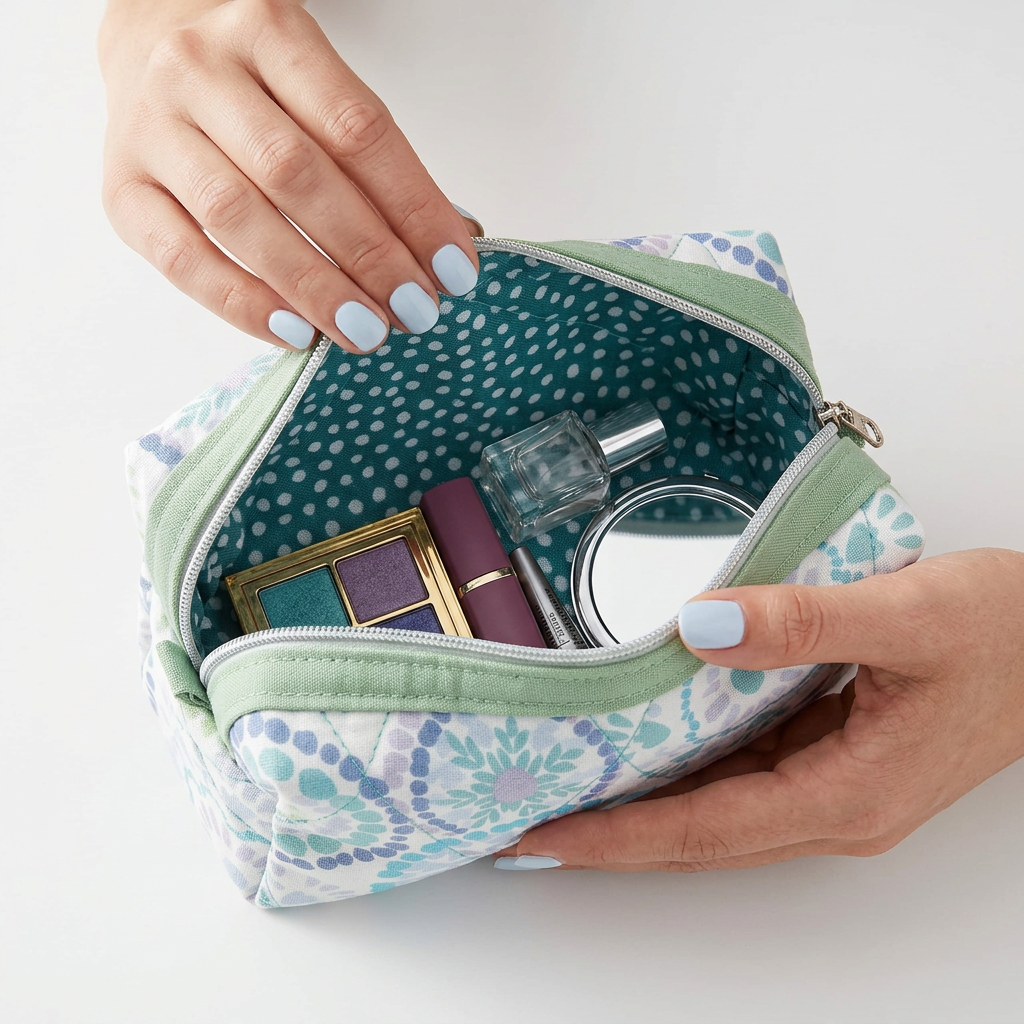 Glacier Geometric Wheel Print Pastel Green Accented Quilted Pattern Mini Zipper Box Pouch