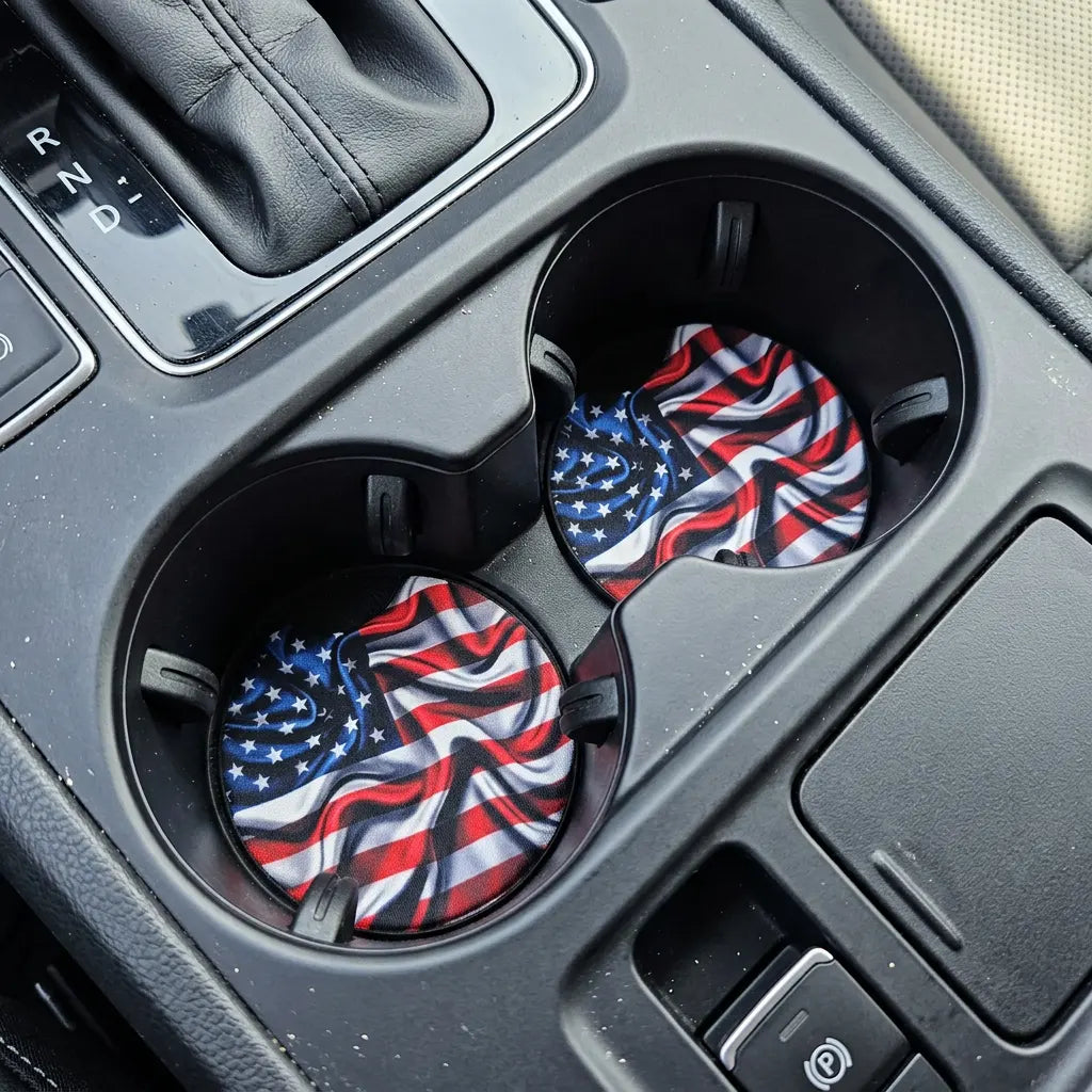 Wavy American Flag 2 Pack Neoprene Car Coaster Set