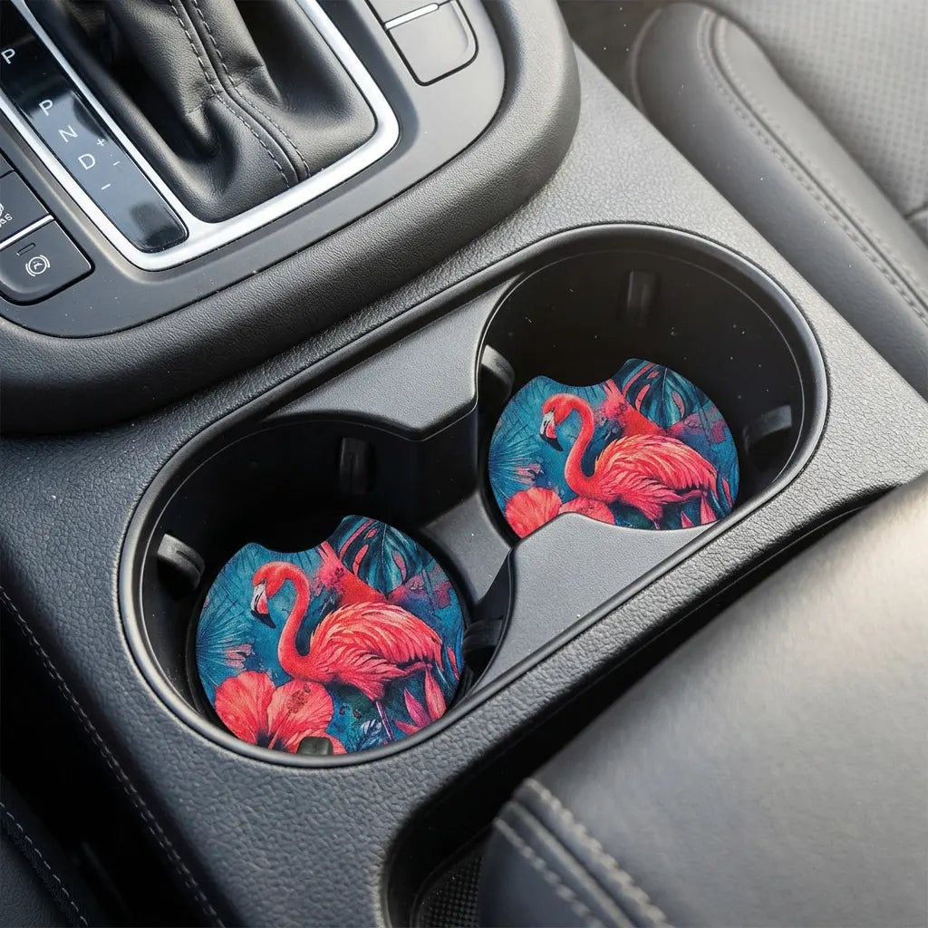 Pink Flamingo Tropical 2 Pack Neoprene Car Coaster Set