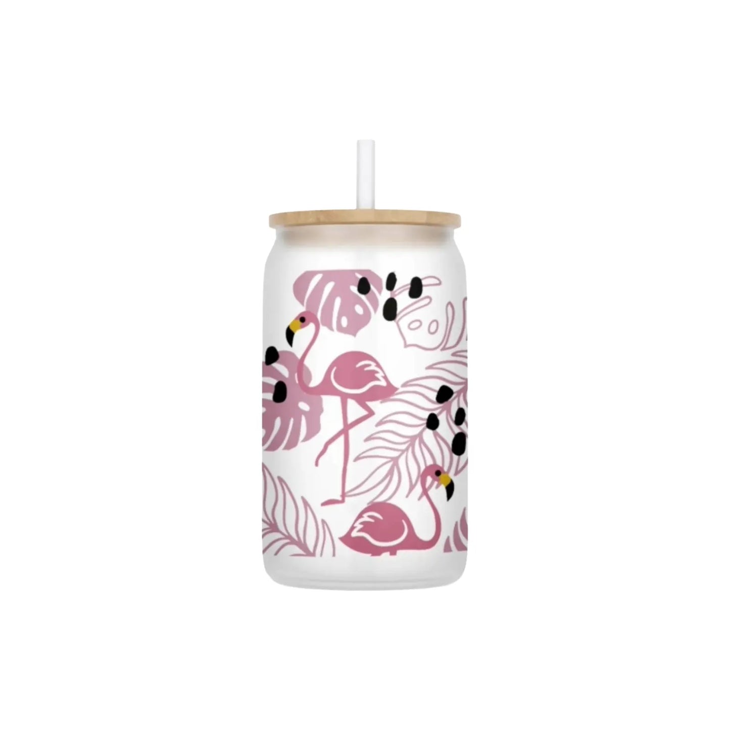 Tropical Pink Flamingo 16oz Frosted Glass Can Set
