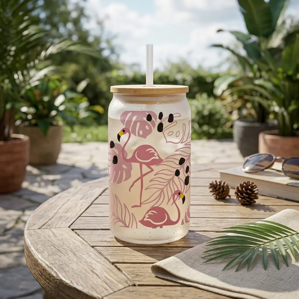 Tropical Pink Flamingo 16oz Frosted Glass Can Set