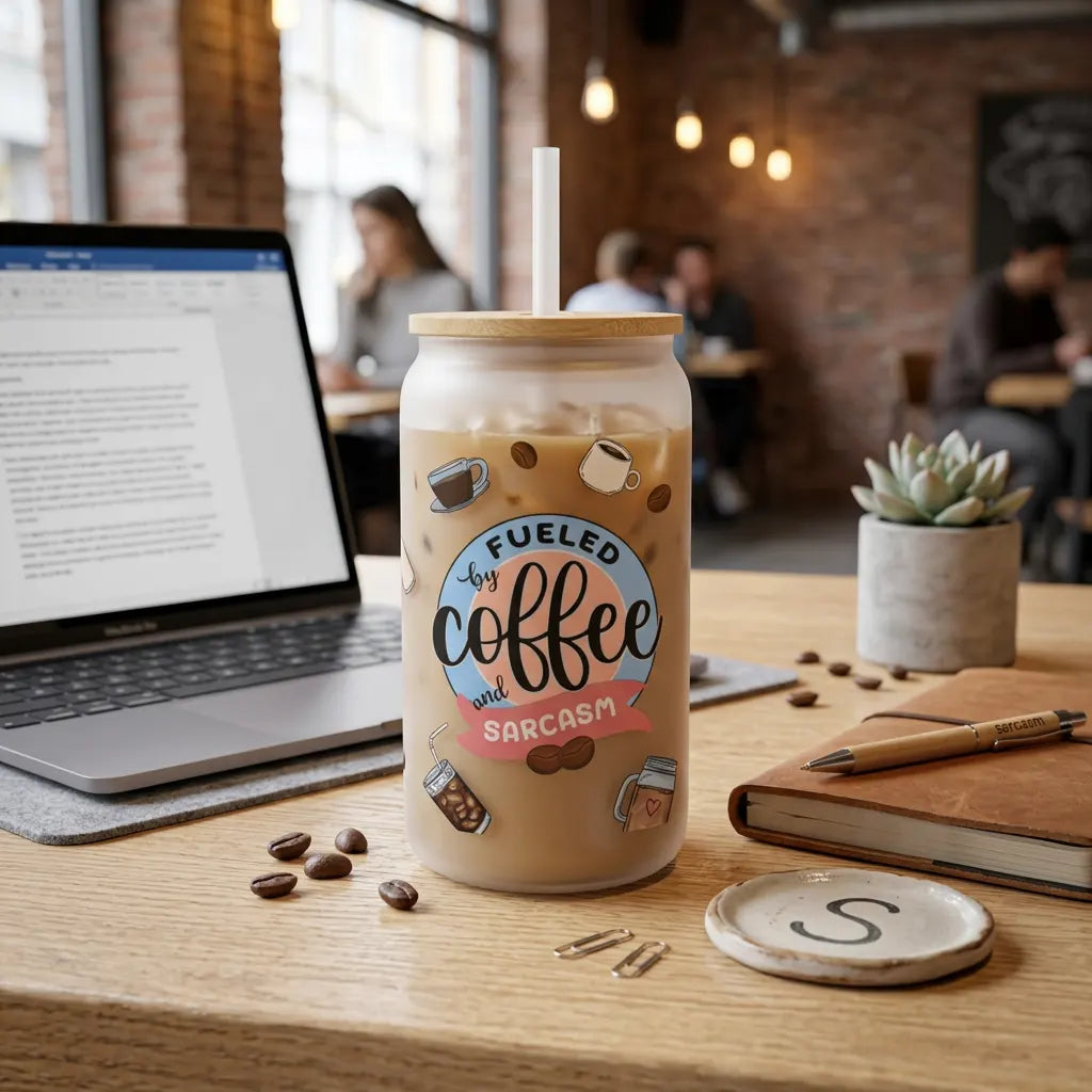 Fueled by Coffee and Sarcasm 16oz Frosted Glass Can Set