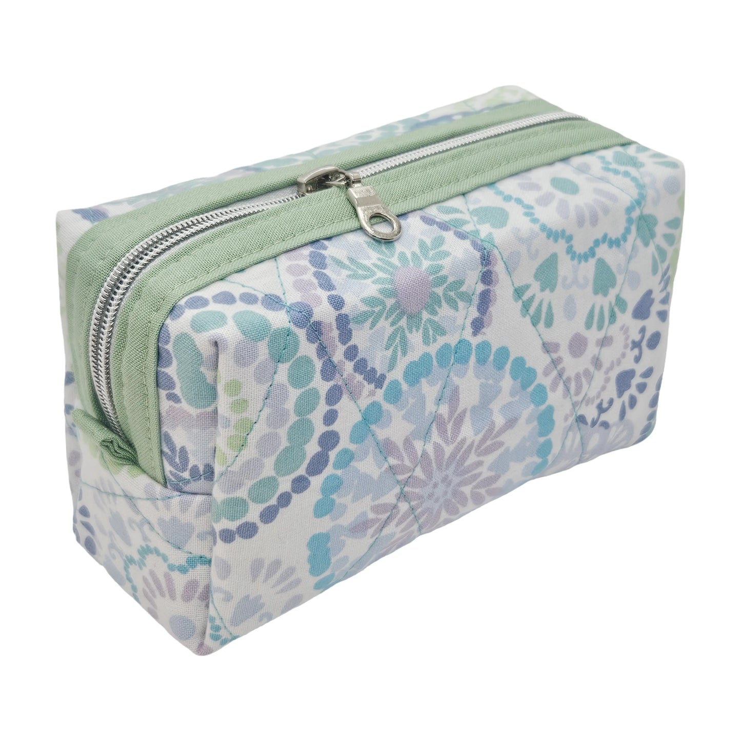 Glacier Geometric Wheel Print Pastel Green Accented Quilted Pattern Mini Zipper Box Pouch