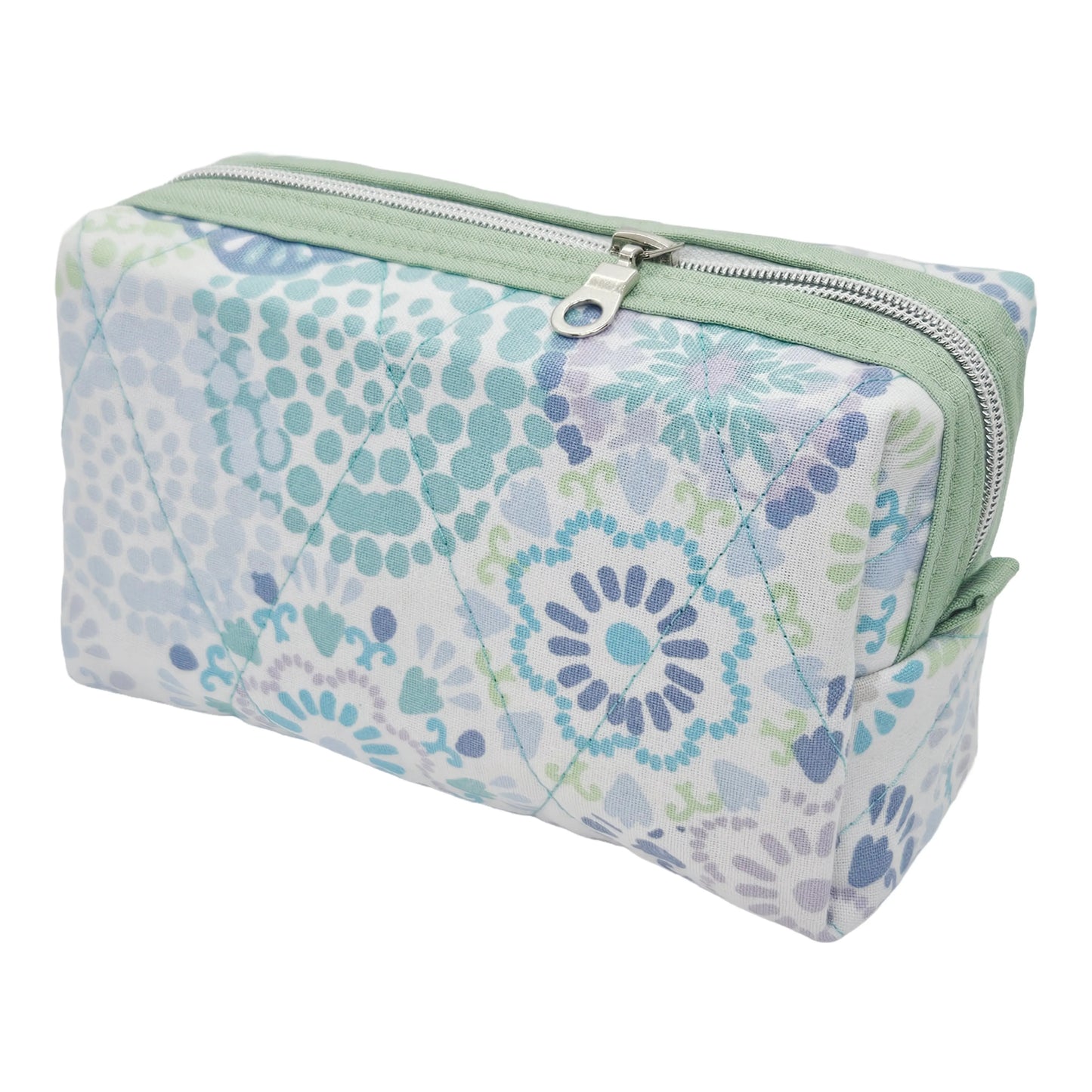 Glacier Geometric Wheel Print Pastel Green Accented Quilted Pattern Mini Zipper Box Pouch