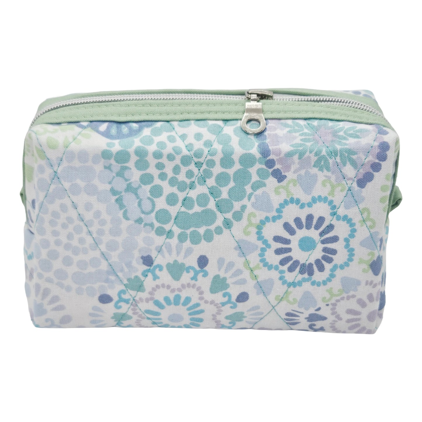 Glacier Geometric Wheel Print Pastel Green Accented Quilted Pattern Mini Zipper Box Pouch