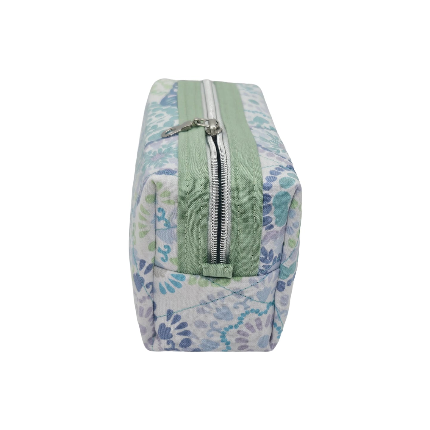 Glacier Geometric Wheel Print Pastel Green Accented Quilted Pattern Mini Zipper Box Pouch