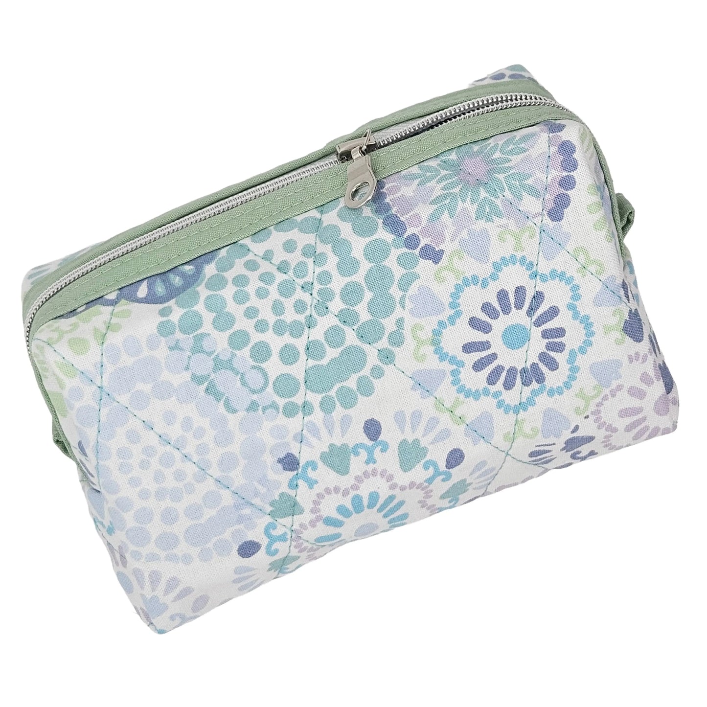Glacier Geometric Wheel Print Pastel Green Accented Quilted Pattern Mini Zipper Box Pouch