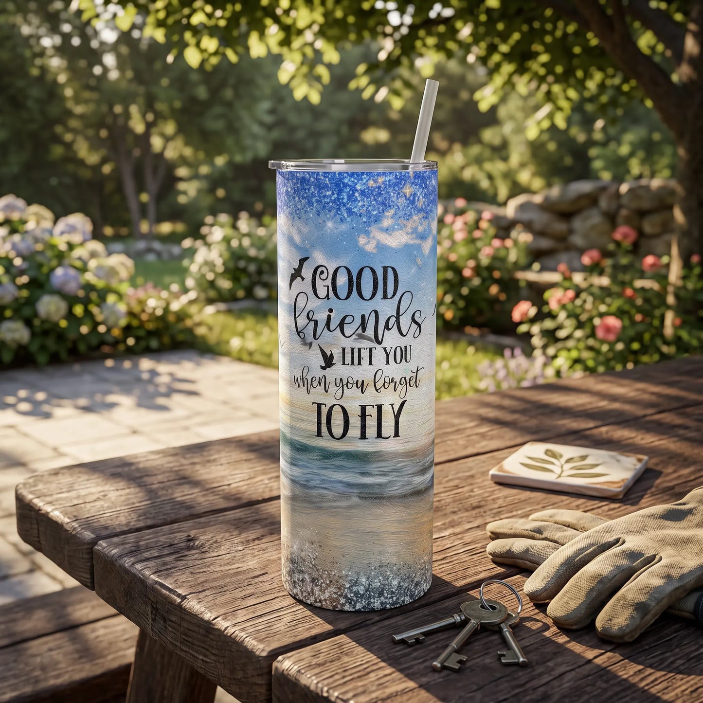 Good Friends Beach Sunset Holographic 20oz Skinny Tumbler
