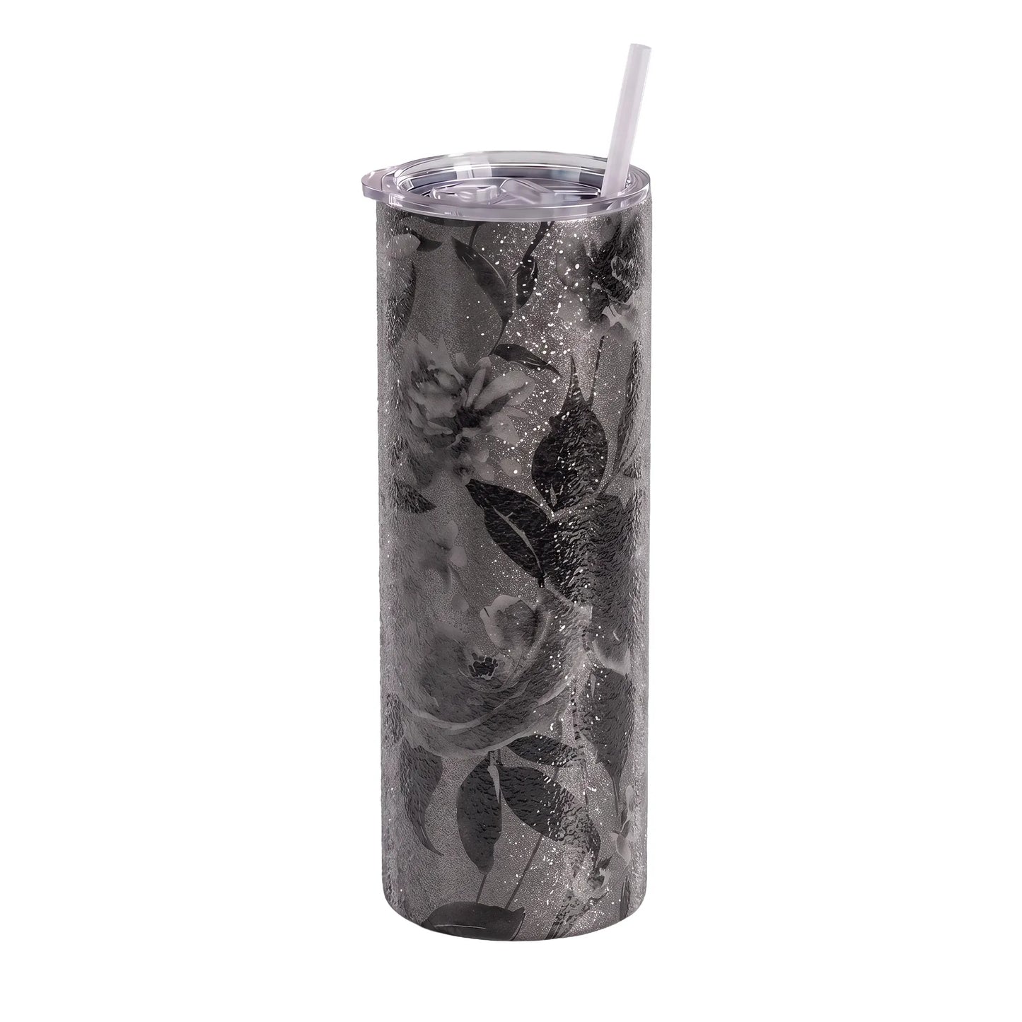 Silver Glitter Dark Floral 25oz Skinny Tumbler