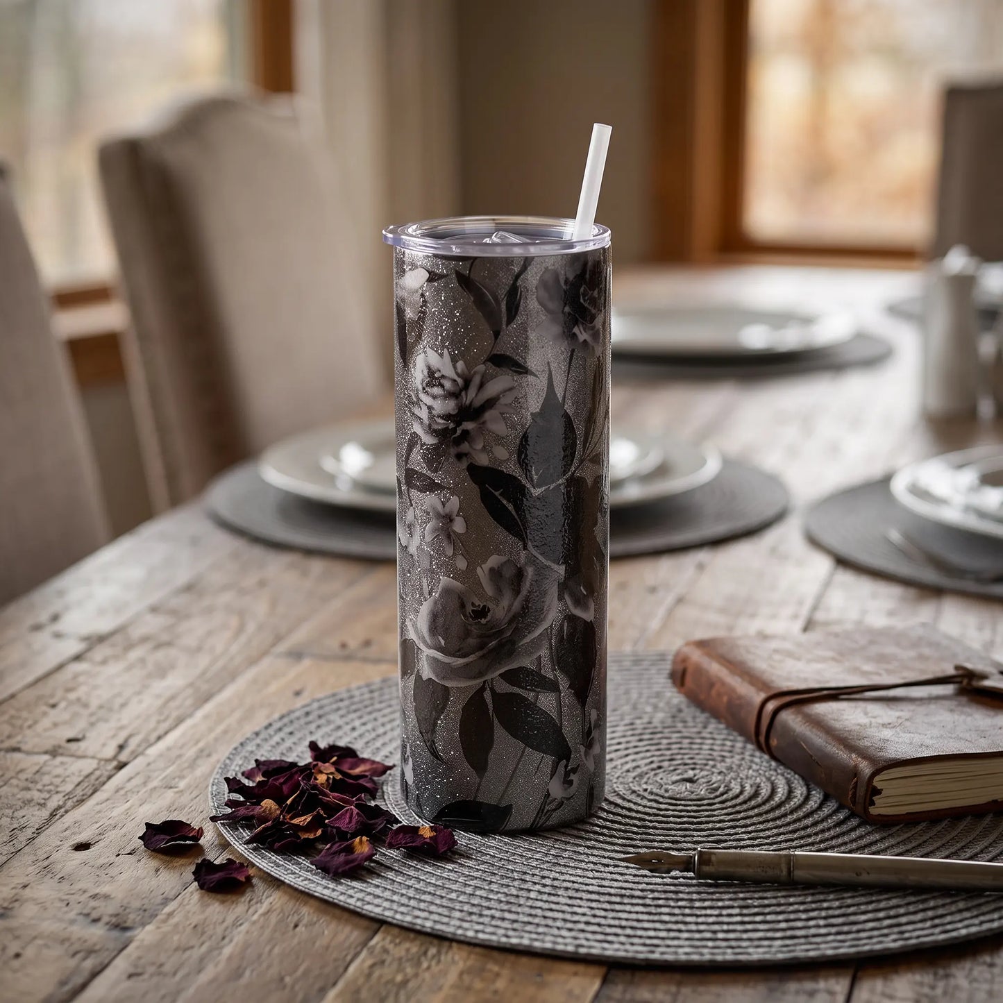 Silver Glitter Dark Floral 25oz Skinny Tumbler
