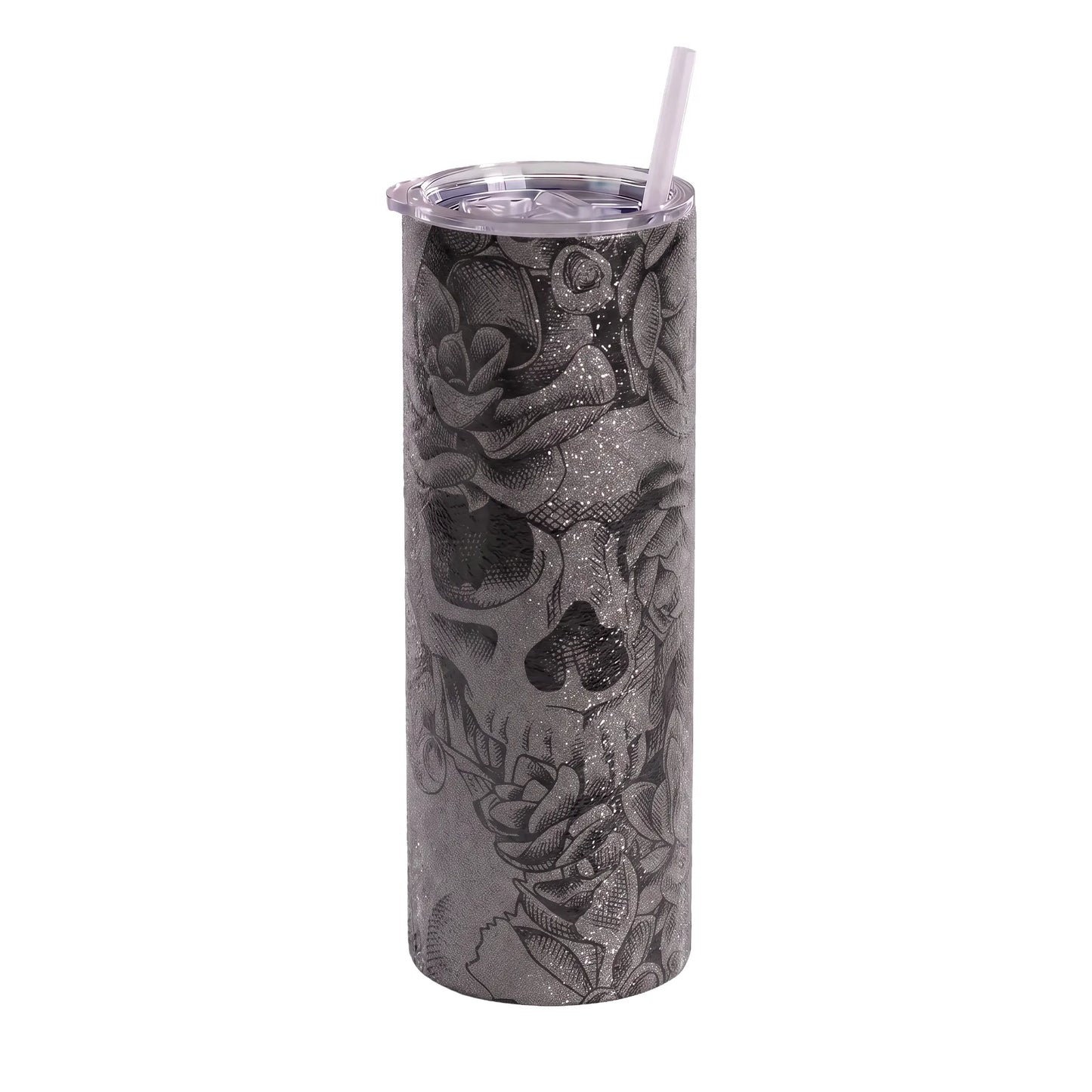 Silver Glitter Goth Skull 25oz Skinny Tumbler