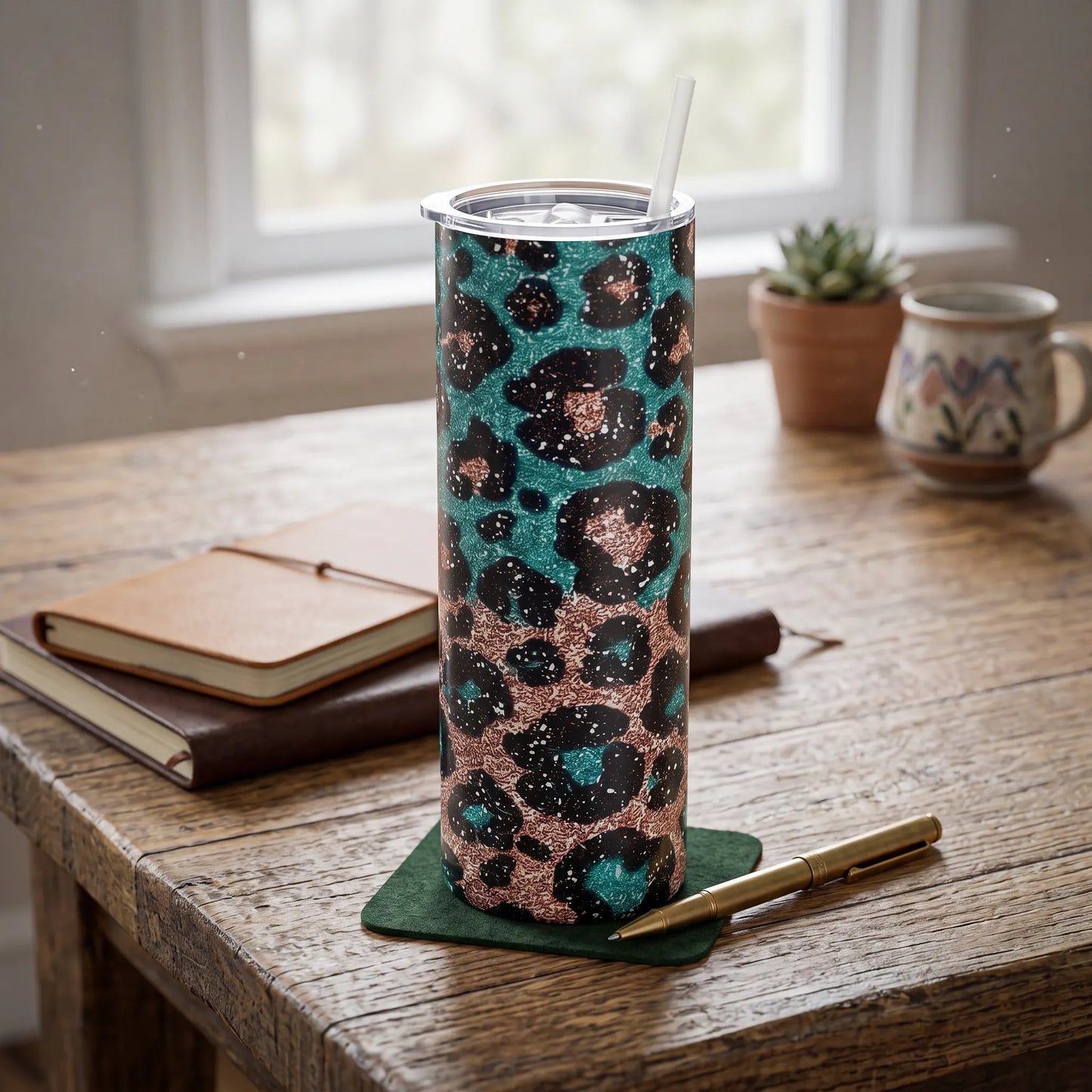 Teal & Rose Gold Leopard Print 20oz Skinny Tumbler