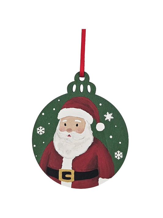 Green Santa Claus Snowfall Handpainted Wooden Christmas Ornament