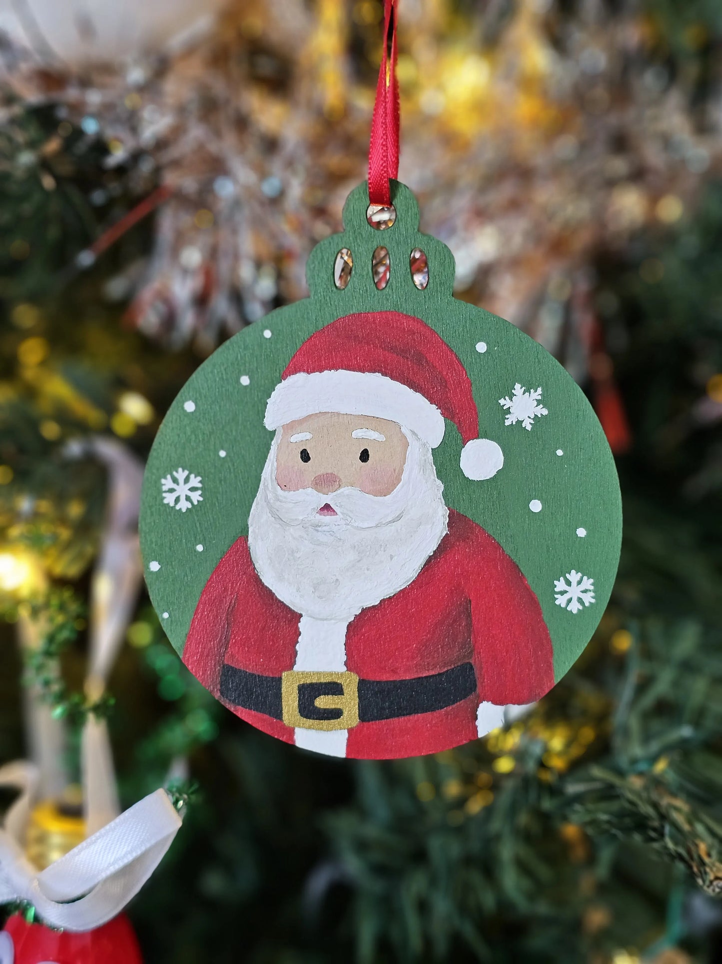 Green Santa Claus Snowfall Handpainted Wooden Christmas Ornament