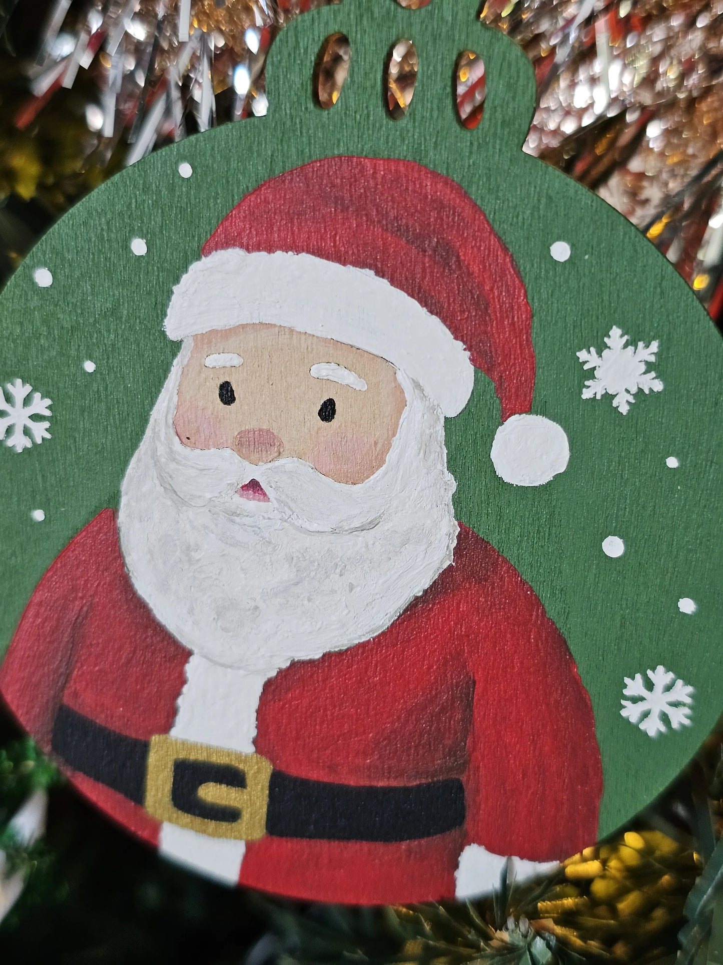 Green Santa Claus Snowfall Handpainted Wooden Christmas Ornament