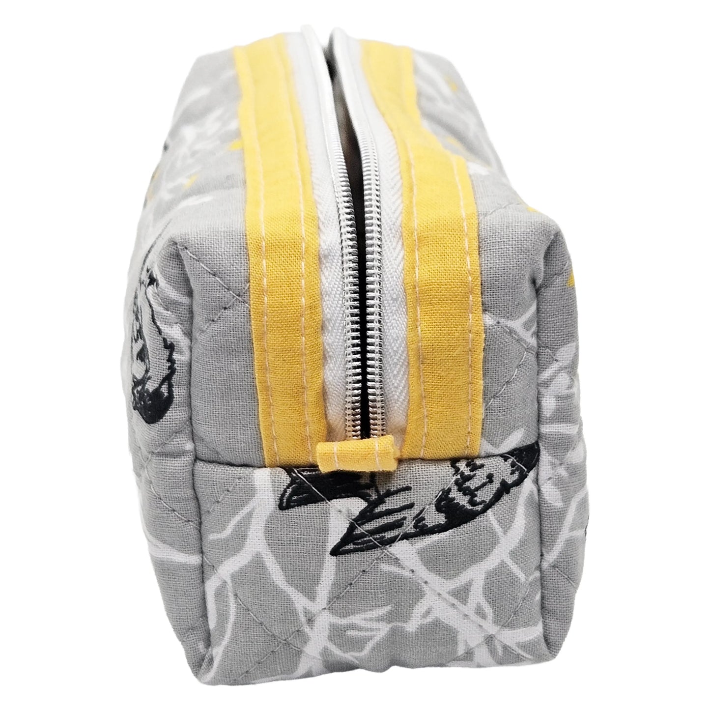 Grey Branch Sparrow Bird Pattern Yellow Accented Quilted Pattern Mini Zipper Box Pouch