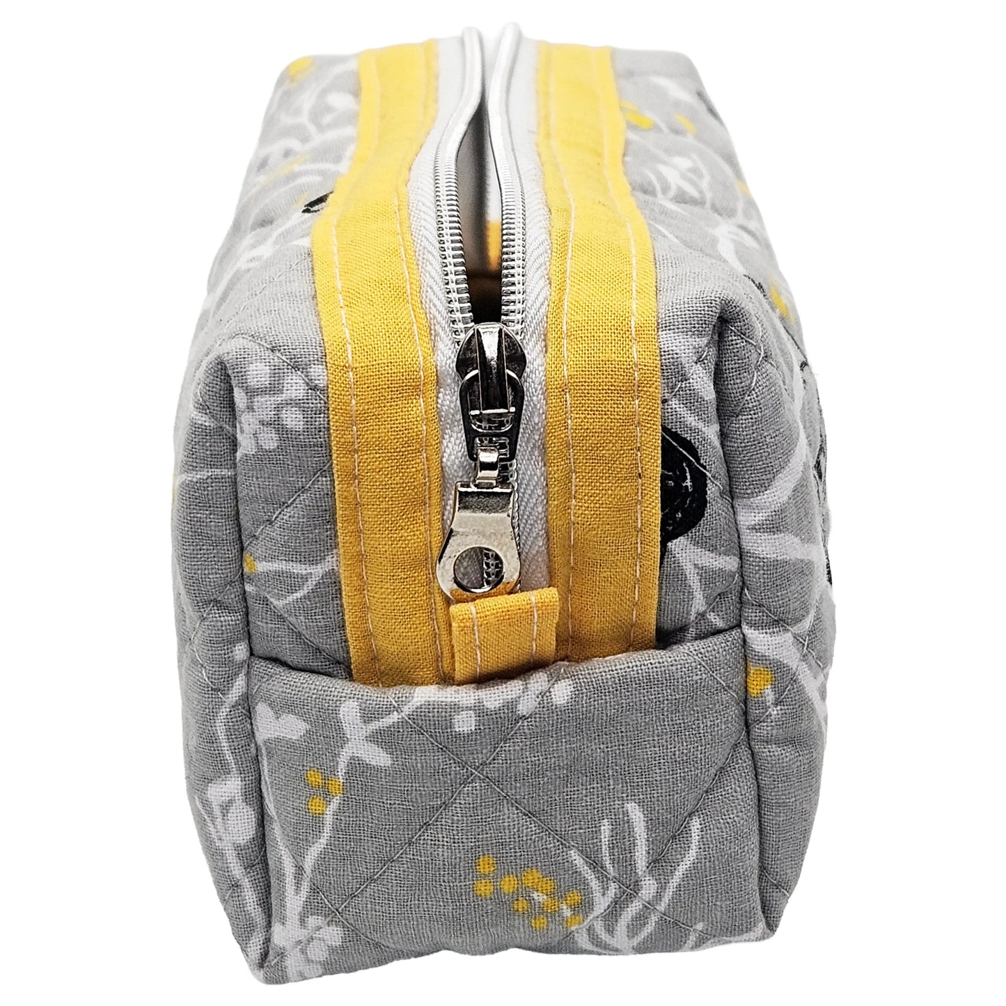 Grey Branch Sparrow Bird Pattern Yellow Accented Quilted Pattern Mini Zipper Box Pouch