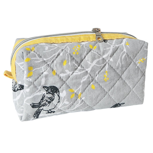 Grey Branch Sparrow Bird Pattern Yellow Accented Quilted Pattern Mini Zipper Box Pouch