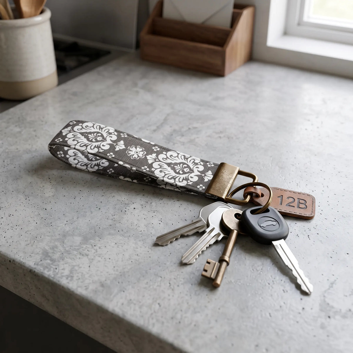 Gray Damask Keychain Wristlet