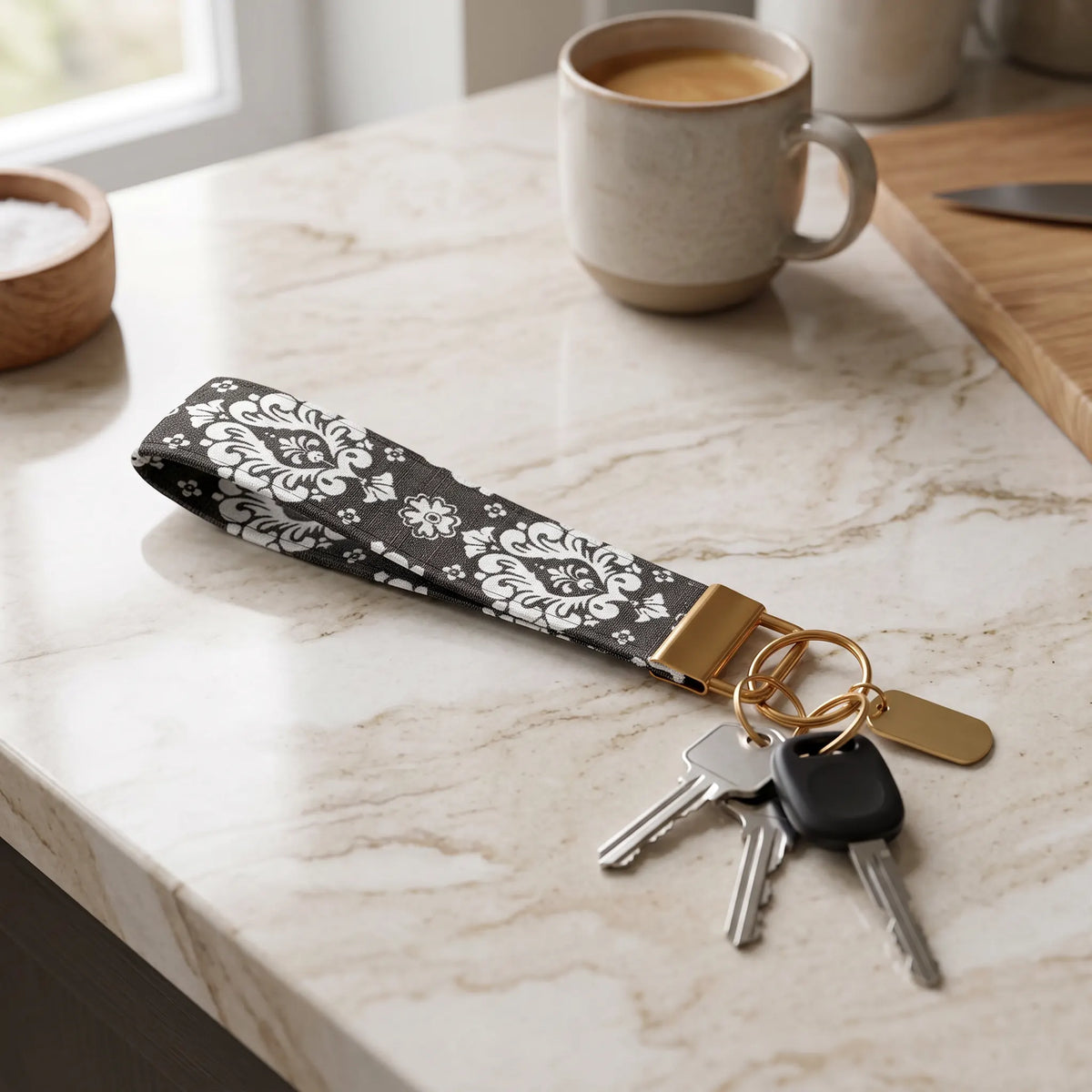 Gray Damask Keychain Wristlet