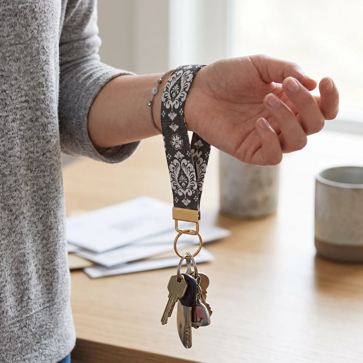 Gray Damask Keychain Wristlet