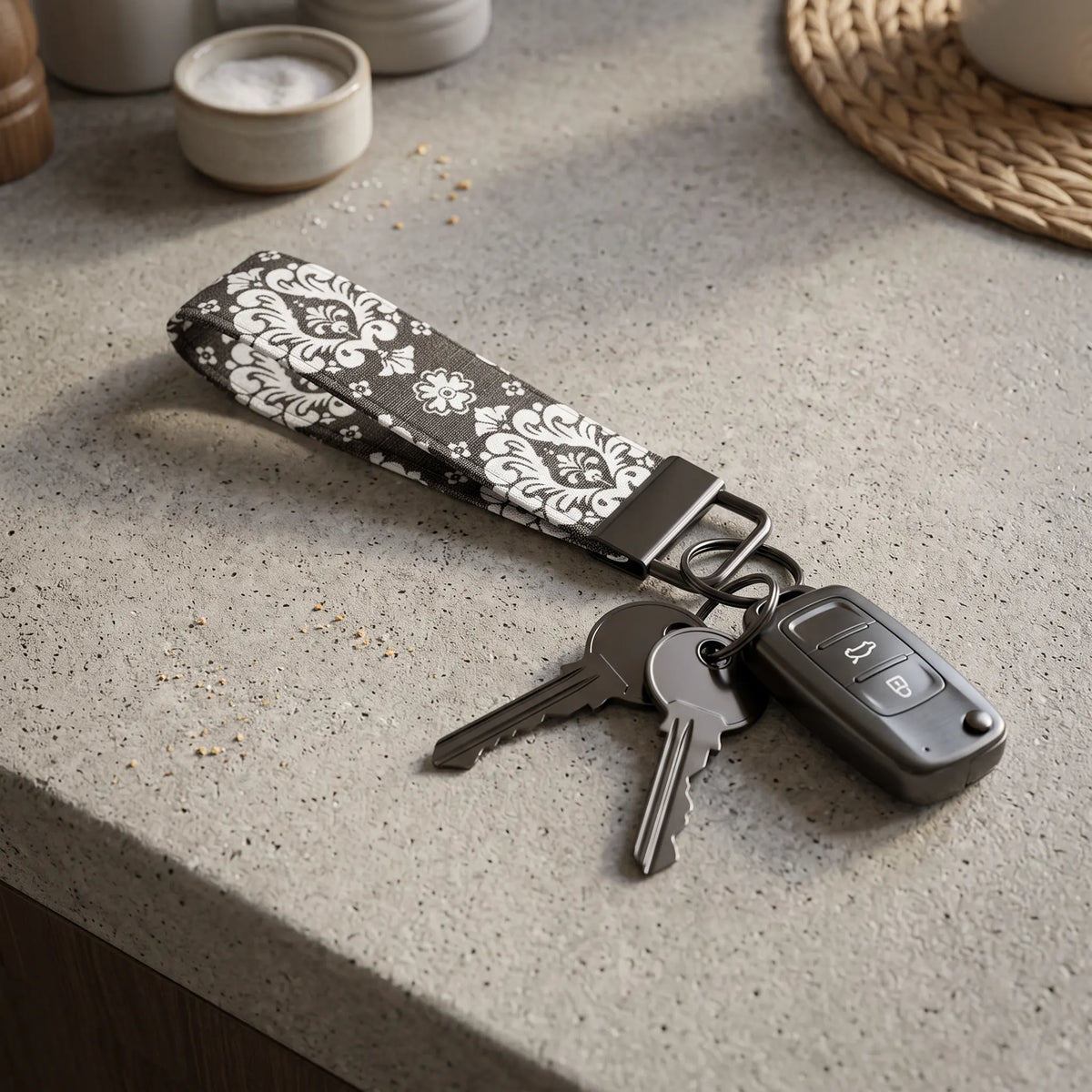 Gray Damask Keychain Wristlet