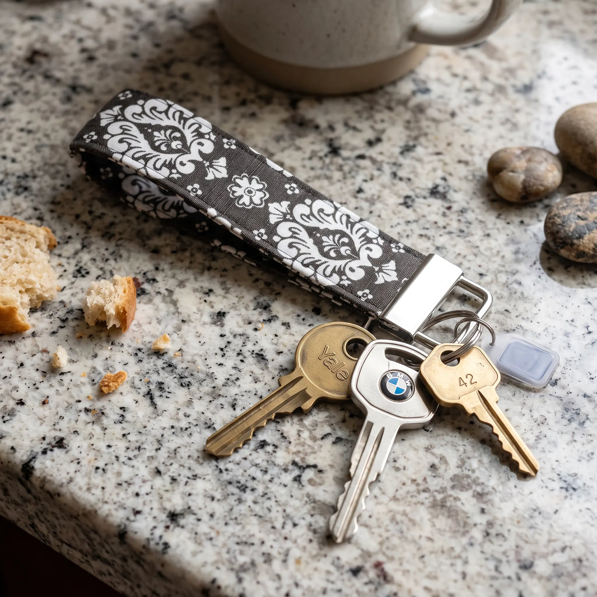 Gray Damask Keychain Wristlet
