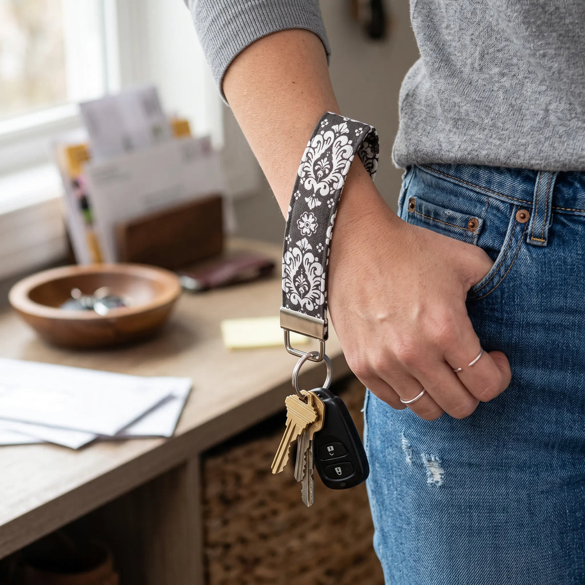 Gray Damask Keychain Wristlet