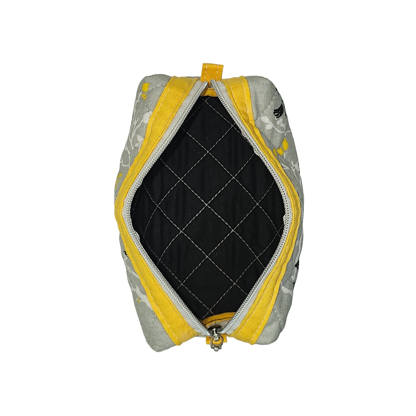 Grey Branch Sparrow Bird Pattern Yellow Accented Quilted Pattern Mini Zipper Box Pouch