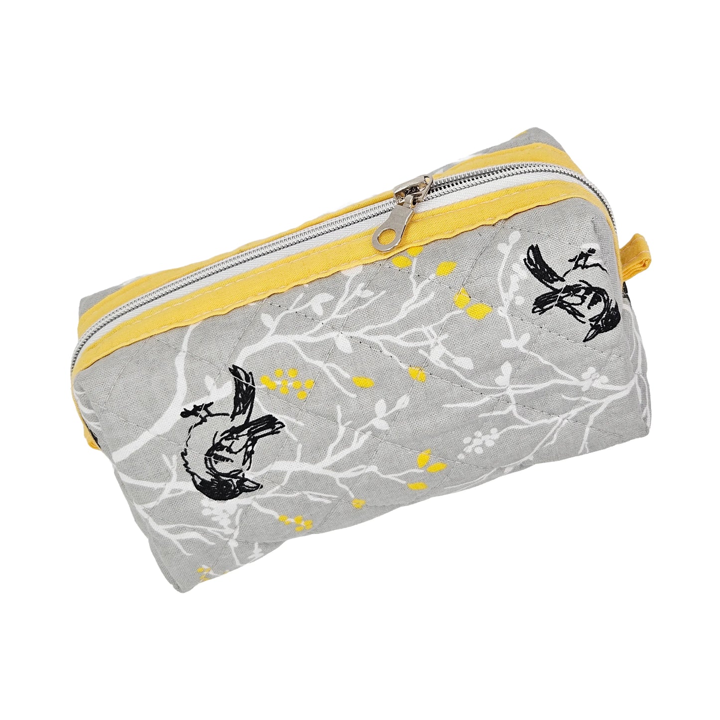 Grey Branch Sparrow Bird Pattern Yellow Accented Quilted Pattern Mini Zipper Box Pouch