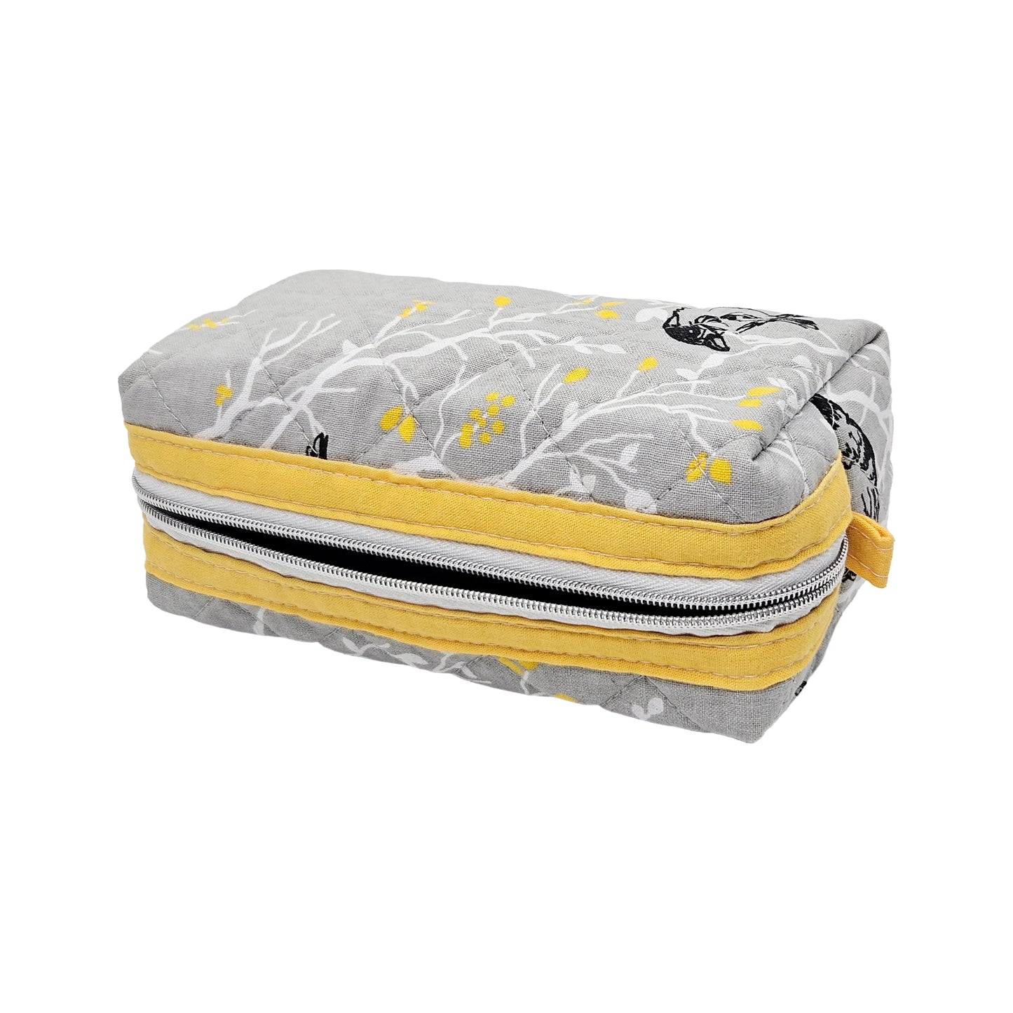 Grey Branch Sparrow Bird Pattern Yellow Accented Quilted Pattern Mini Zipper Box Pouch
