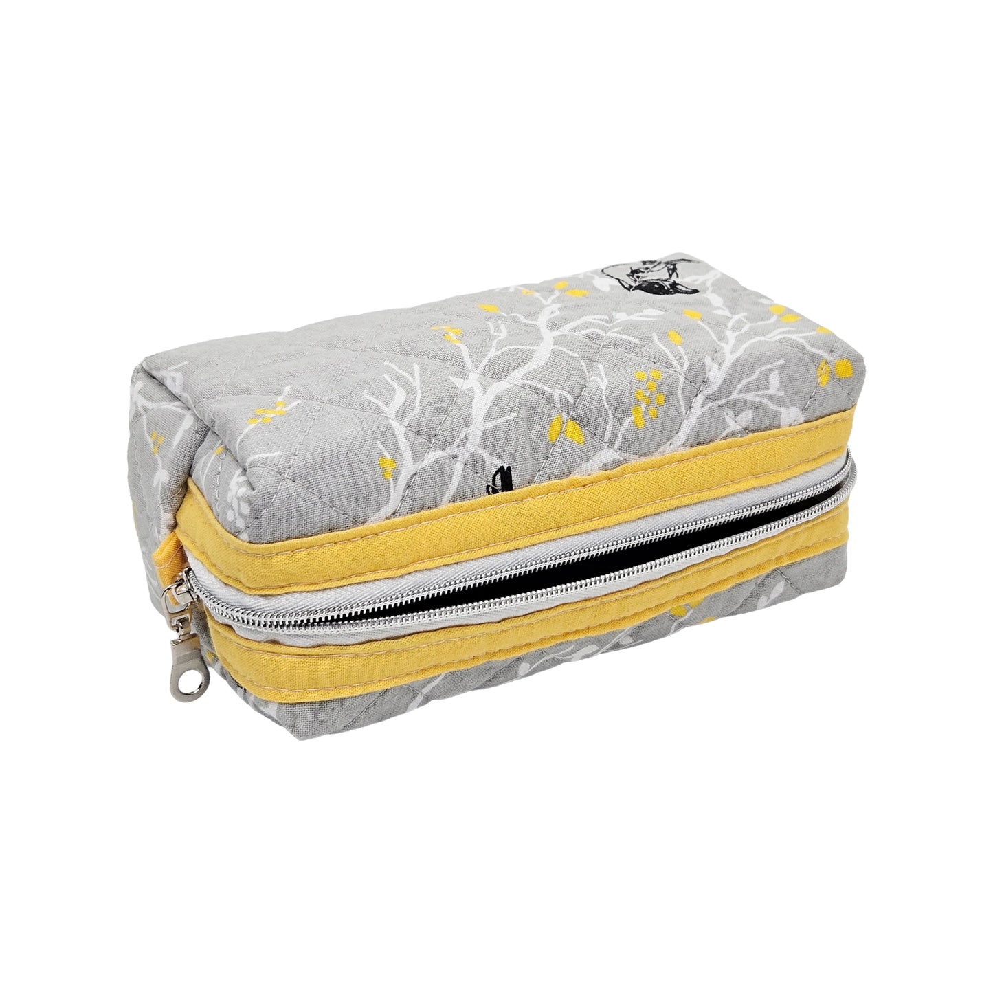 Grey Branch Sparrow Bird Pattern Yellow Accented Quilted Pattern Mini Zipper Box Pouch